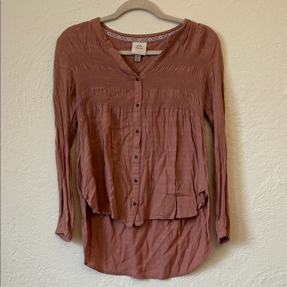 Knox Rose Dusty Rose Button-Down Smocked Blouse